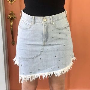 Express star studded denim asymmetrical mini skirt size 2 fringe A line